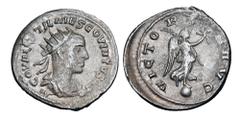 Roman Imperial Coins HOSTILIAN, 251 AD. AR Antoninianus (4.01 gm) as Augustus, July-Nov, 251. Radiate draped bust / Victory standing on globe holding wreath and palm. RIC.209(R). Toned VF. Rare.