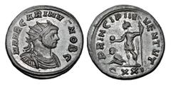 Roman Imperial Coins CARINUS, 283-285 AD. Silvered Æ Antoninianus (3.96 gm) as Caesar, of Ticinum. Radiate cuirassed bust / Carinus standing holding spear and globe, captive at feet. RIC.302. Toned aX