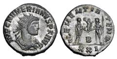 Roman Imperial Coins NUMERIAN, 282-284 AD. Silvered Æ Antoninianus (3.55 gm) of Kyzikos. Radiate draped cuirassed bust / Jupiter standing, handing Victory to Numerian. RIC.463. Toned XF.