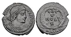 Roman Imperial Coins JOVIAN, 363-364 AD. Æ Follis (2.84 gm) of Sirmium. Diademed draped bust / Votive inscription in wreath. RIC.118. aXF, brown black patina. Rare.