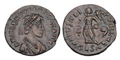 Roman Imperial Coins VALENTINIAN II, 375-392 AD. Æ Reduced Follis (1.17 gm) of Thessaloniki. Diademed draped bust / Victory dragging captive, standard shouldered. RIC.65a. XF, brown patina. ex Hoffman