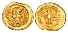 Byzantine Coins BYZANTINE EMPIRE. Justin I, 518-527 AD. Gold Tremissis (1.42 gm) of Constantinople. Diademed bust right / Angel standing. S.58. XF.