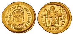 Byzantine Coins BYZANTINE EMPIRE. Justinian I, 527-565 AD. Gold Solidus (4.47 gm) of Constantinople. Crowned bust facing / Angel standing. S.140. Mint.