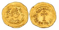 Byzantine Coins BYZANTINE EMPIRE. Maurice Tiberios, 582-602 AD. Gold Tremissis (1.48 gm) of Constantinople. Diademed bust / Large cross. S.488. Near Mint.