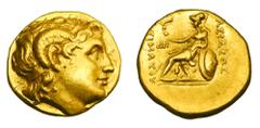 Greek Coins KINGDOM of THRACE. Lysimachos, 323-281 BC. Gold Stater (8.42 gm) of Dium. Diademed head of Alexander with horn of Ammon / Athena enthroned holding Nike, shield leaning on throne. Müller.34