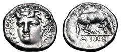 Greek Coins THESSALY, Larissa. 350-300 BC. AR Drachm (5.90 gm). Three-quarters facing head of the nymph Larissa / Horse grazing, plant underneath . BCD.320. VF+.