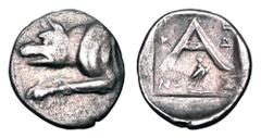Greek Coins ARGOLIS, Argos. 322-229 BC. AR Triobol (2.05 gm). Forepart of wolf / Large A in incuse square, eagle on harpa below. BCD.1111. BMC.79-80. Toned VF+ ex D. Aldred collection.