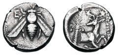 Greek Coins IONIA, Ephesos. 390-330 BC. AR Tetradrachm (15.00 gm). AEONOS... magistrate. Bee, straight wings / Forepart of running stag, head reverted, palm tree behind. BMC.32v. Toned VF.