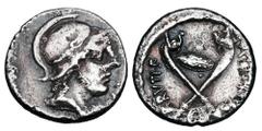Roman Republican Coins ROMAN REPUBLIC. Albinus Bruti, 48 BC. AR Denarius (3.68 gm). Helmeted head of Mars / Two crossed Gaulish trumpets. Postumia.11. Cr.450/1a. Toned VF. Rare. One of the assassins o