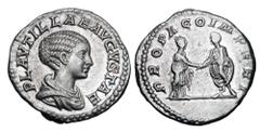 Roman Imperial Coins PLAUTILLA, wife of Caracalla, d. 212 AD. AR Denarius (3.54 gm). Draped bust / Caracalla and Plautilla standing, hands clasped. RSC.21. RIC.362. Toned Near Mint. Scarce.