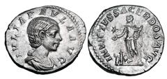 Roman Imperial Coins JULIA PAULA, first wife of Elagabalus, 219 AD. AR Denarius (3.28 gm). Draped bust / Concordia seated holding patera, star. RIC.211(S). Toned aXF. Scarce. Reverse is struck over br