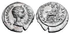 Roman Imperial Coins ORBIANA, wife of Severus Alexander, 222-235 AD. AR Denarius (2.60 gm), 225 AD. Draped bust / Concordia seated holding patera and cornucopia. RIC.319(S). RSC.1. Toned VF+.