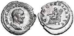 Roman Imperial Coins PUPIENUS, 238 AD. AR Denarius (3.30 gm). Laureate draped bust / Concordia seated with patera and double cornucopiae. RSC.6. RIC.1(S). Toned aXF, somewhat ragged flan.