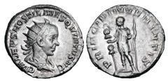 Roman Imperial Coins HOSTILIAN, 251 AD. AR Antoninianus (3.79 gm) of Rome as Caesar, 251. Radiate draped bust / Hostilian holding standard and spear. RIC.181d (S). Toned aXF. Scarce.