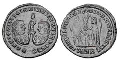 Roman Imperial Coins LICINIUS I & II. Æ Follis (2.67 gm), 320 AD. off A. Confronted laureate busts of Licinius I & II, holding between them a statue of Fortuna / Jupiter standing with Victory and Fort