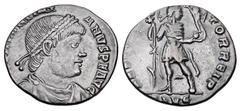 Roman Imperial Coins VALENTINIAN I, 364-375 AD. AR Siliqua (1.86 gm) of Lugdunum. Diademed draped and cuirassed bust / Emperor standing holding labarum and Victory. RIC.6c. Toned aXF. ex East Harptree