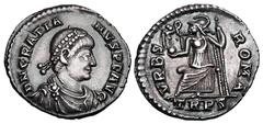 Roman Imperial Coins GRATIAN, 367-383 AD. AR Siliqua (2.18 gm) of Trier. Diademed draped bust / Roma enthroned holding orb and sceptre. RIC.27f. Toned XF. ex Collection of a Classicist.