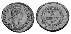 Roman Imperial Coins VALENTINIAN II, 375-392 AD. Æ Reduced Follis (1.75 gm) of Siscia. Diademed bust / Votive inscription in wreath. RIC.29b. Near Mint, green patina.