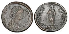 Roman Imperial Coins AELIA FLACCILLA, wife of Theodosius I, 379-395 AD. Æ Centenionalis (4.63 gm), Antioch, 383-8. Diademed and draped bust / Empress standing, arms folded on breast. RIC.62(S). VF, br