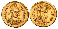 Roman Imperial Coins HONORIUS, 393-423 AD. Gold Solidus (4.44 gm) of Constantinople, 397-402. Helmeted bust facing with spear and shield / Constantinopolis seated with Victory and sceptre. RIC.8(S). D