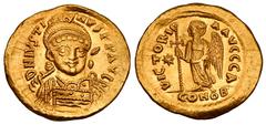 Byzantine Coins BYZANTINE EMPIRE. Justin I, 578-527 AD. Gold Solidus (4.47 gm) of Constantinople. Helmeted bust 3/4 facing right / Angel standing left holding cross. S.55. XF. Scarce.
