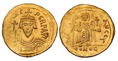 Byzantine Coins BYZANTINE EMPIRE. Phokas, 602-610 AD. Gold Solidus (4.49 gm) of Constantinople. Crowned bust facing / Angel standing. S.620. Near Mint, flat spot in legend.