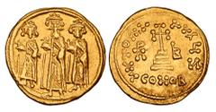 Byzantine Coins BYZANTINE EMPIRE. Heraklios, 610-641 AD. Gold Solidus (4.45 gm) of Constantinople. Emperor standing between both sons / Cross on three steps. S.767. XF, good faces on all figures..