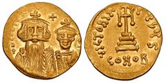 Byzantine Coins BYZANTINE EMPIRE. Constans II, 654-668 AD. Gold Solidus (4.48 gm) of Constantinople. Crowned facing busts of emperor & son / Cross on three steps. S.959. XF.