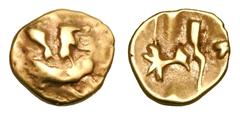 Celtic Coins CELTIC BRITAIN. Cantil, ca. 100-30 BC. Gold Quarter Stater (1.48 gm). Geometric type. "Boat with two figures" / Cruciform thunderbolt. S.46. ABC.767. Crude VF. ex K. Knabe collection.