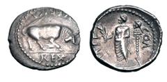 Celtic Coins CELTIC BRITAIN, Atrebates. Verica, 10-43 AD. AR Unit (1.19 gm). Bull butting / Male figure standing holding branch and bust on lance. ABC.1467. S.137. Toned VF+.