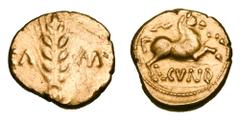 Celtic Coins CELTIC BRITAIN. Trinovantes. Cunobelin, 10-43 AD. Gold Stater (5.38 gm), No Stalk type. Grain-ear between CA M / Galloping horse, branch above. S.288v. ABC.2795. XF.