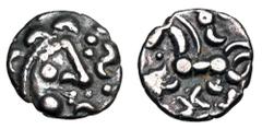 Celtic Coins CELTIC BRITAIN. Western Uninscribed series. Dobunni, I Century BC. AR Unit (1.06 gm), Cotswold Eagle Type. Celticised head / Horse with three tails. S.377. ABC,2015. VA.1042.. Toned VF+. 
