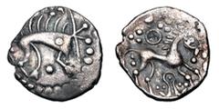Celtic Coins CELTIC BRITAIN, Iceni. 50-25 BC. AR Unit (1.14 gm), Norfolk Wolf Phallic Type. Celticized boar / Celticized horse, wheel above, phallic symbol below. vAr.659. S.431. ABC.1582. Toned VF+. 