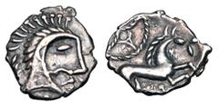 Celtic Coins CELTIC BRITAIN, Iceni. Queen Boudicca, 61 AD. AR Unit (1.08 gm), Icenian class O. Celticized head / Celticized horse prancing. S.434. vArd.790. Toned VF+. ex K. Knabe collection, with Chr