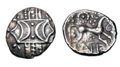 Celtic Coins CELTIC BRITAIN, Iceni. Antedios, 10-40 AD. AR Unit (1.09 gm). Anted D-Bar type. Double crescent emblem (of ECEN) / Celticized horse, Anted monogram. S.441. VA.711. ABC,1645. Toned VF+. ex