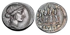 Roman Imperatorial Coins ROMAN REPUBLIC. M. Junius Brutus, 54 BC. AR Denarius (3.82 gm). Bust of Libertas / Brutus walking between accensus and two lictors. Junia.31. Cr.433/1. Nicely Toned XF. Princi