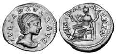 Roman Imperial Coins JULIA PAULA, first wife of Elagabalus, 219 AD. AR Denarius (3.61 gm). Draped bust / Venus seated, holding globe and scepter. RIC.222(S). Toned VF+. ex Aldred collection.