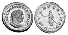 Roman Imperial Coins BALBINUS, 238 AD. AR Denarius (3.05 gm). Laureate bust / Balbinus standing left with branch and parazonium. RSC.20. RIC.5(S). Toned Near Mint. Rare.