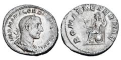 Roman Imperial Coins GORDIAN I, 238 AD. AR Denarius (3.28 gm). Laureate draped and cuirassed bust / Roma enthroned holding Victory and spear, shield at feet. RSC.8. RIC.4. Lightly Toned aXF. Very Rare