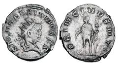Roman Imperial Coins SALONINUS, 259 AD. AR Antoninianus (3.48 gm) of Lugdunum as Caesar, 253-8 AD. Radiate bust right / Saloninus standing with baton and spear, standard in field. RSC.61. RIC.10. Tone