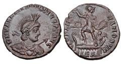 Roman Imperial Coins VALENTINIAN II, 375-392 AD. Æ Centenionalis (3.45 gm) of Alexandria. Helmeted cuirassed bust holding spear / Emperor standing on ship, Victory at helm. RIC.6b. XF, brown patina. R