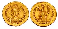 Roman Imperial Coins HONORIUS, 393-423 AD. Gold Solidus (4.48 gm) of Constantinople, 397-402. Helmeted bust facing with spear and shield / Constantinopolis seated with Victory and sceptre. RIC.8(S). D