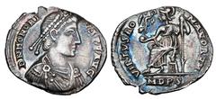 Roman Imperial Coins HONORIUS, 393-423 AD. AR Siliqua (1.59 gm) of Milan, 395-408 AD. Diademed draped bust / Roma enthroned holding Victory on globe and sceptre. RSC.59†b. RIC.X.1228. Toned aXF.