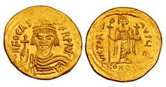 Byzantine Coins BYZANTINE EMPIRE. Phocas, 602-610 AD. Gold Solidus (4.51 gm) of Constantinople. Crowned and cuirassed bust holding globus cruciger / Angel standing with long chi-rho topped staff and o
