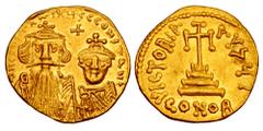 Byzantine Coins BYZANTINE EMPIRE. Constans II, 641-668 AD. Gold Solidus (4.36 gm) of Constantinople. Facing busts of emperor & son / Cross on three steps. S.959. XF
