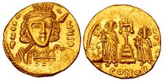Byzantine Coins BYZANTINE EMPIRE. Constantine IV, 668-685 AD. Gold Solidus (4.42 gm) of Constantinople. Helmeted bust 3/4 facing right / Cross between Heraklios & Tiberios. S.1153. DOC.6c.1. XF. Scarc