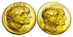 PTOLEMAIC KINGDOM. Ptolemy II, 283-246 BC. Gold Octodrachm [Mnaieion] (27.61 gm), after 273. Jugate busts of Ptolemy II and Arsinöe II / Jugate busts of Ptolemy I and Berenice I. Svorn.603. VF+. Rare.