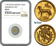 Germany Germany, Nurnberg, 1/32 Dukat (Ducat) 1700, Gold, Fr-1897, NGC MS63