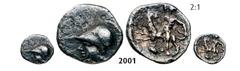 ANCIENT GREEK COINS CALABRIA TARENTUM Obol, Silver (0.91g) Obv. Obol, Silver (0.91g) Obv.: Helmeted head of Athena left. Rev.: Heracles standing left, fi ghting lion. Vlasto 1432 Dark purple toning! V