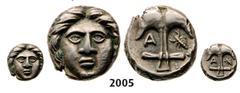 ANCIENT GREEK COINS Diobol (Struck 400-350 BC) Silver (1.21g) Obv. THRACE Apollonia Pontica Diobol (Struck 400-350 BC) Silver (1.21g) Obv.: Head of Apollo facing. Rev.: Anchor, A to left, crayfish to 